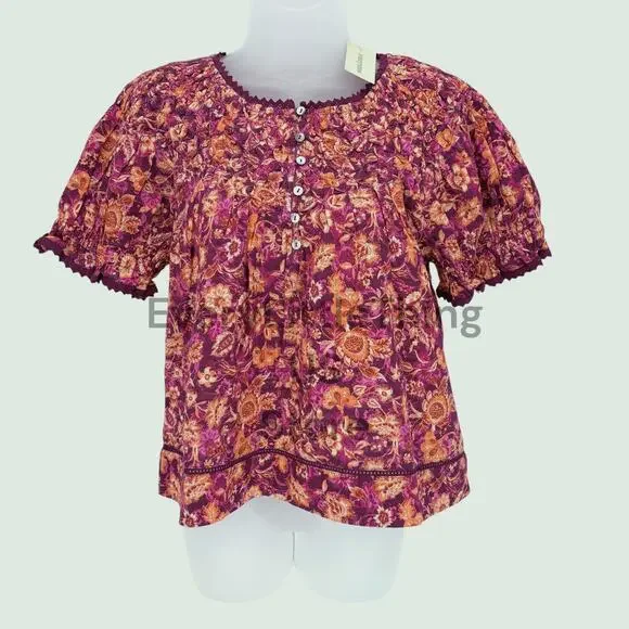 NEW Sundance Blouse Crop Top PS Petite Small Floral Smocked Puff Sleeve Tropical - Picture 1 of 6